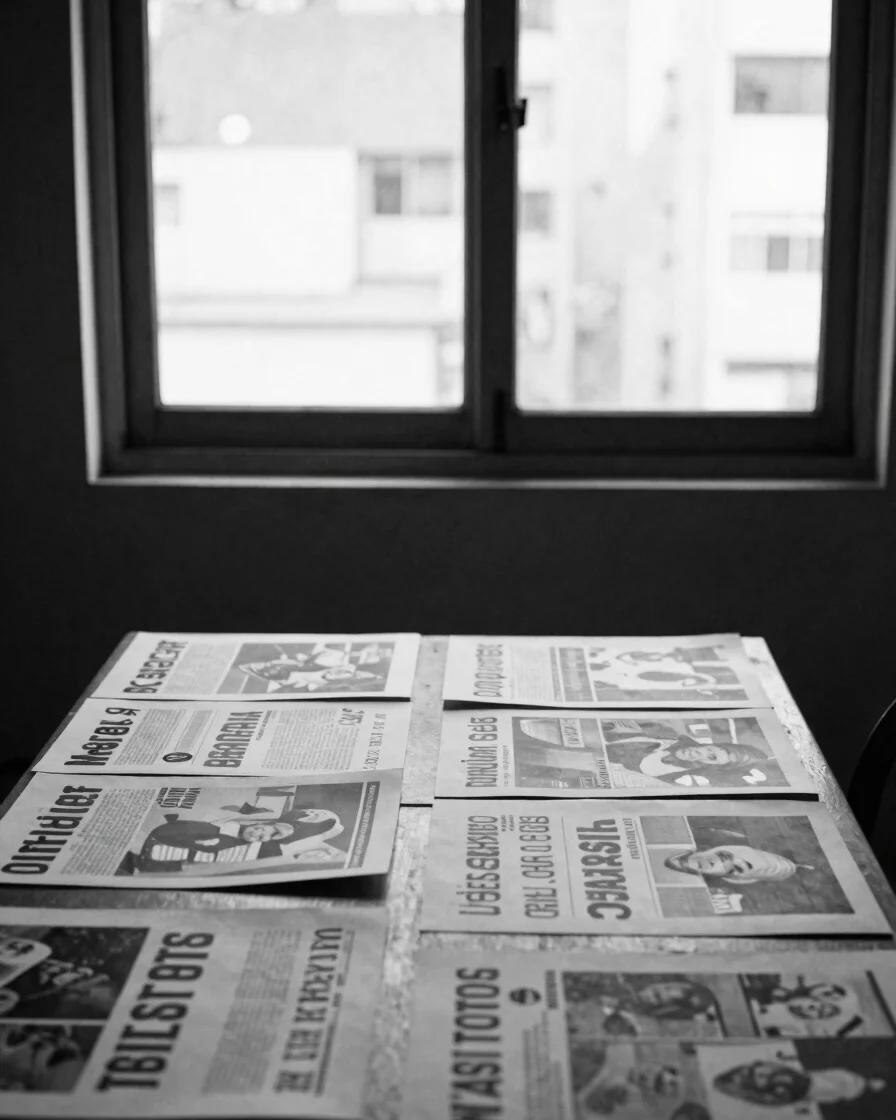 Fotografia documental em preto e branco de uma mesa de trabalho c