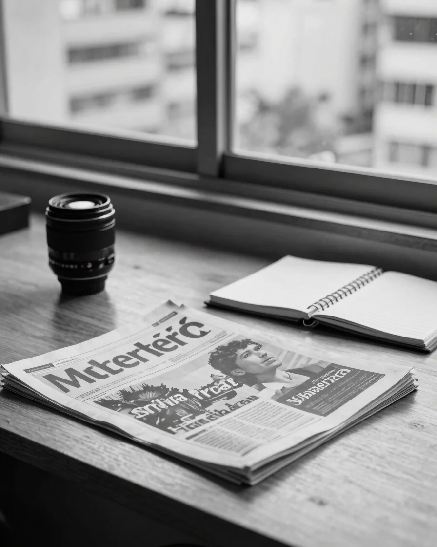 Editorial black and white photograph of printed press materials a