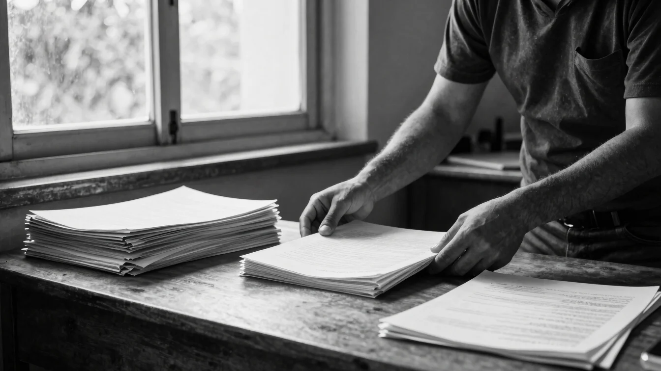 Fotografia editorial em preto e branco de mãos organizando pastas e documentos impressos sobre mesa de madeira, luz natu