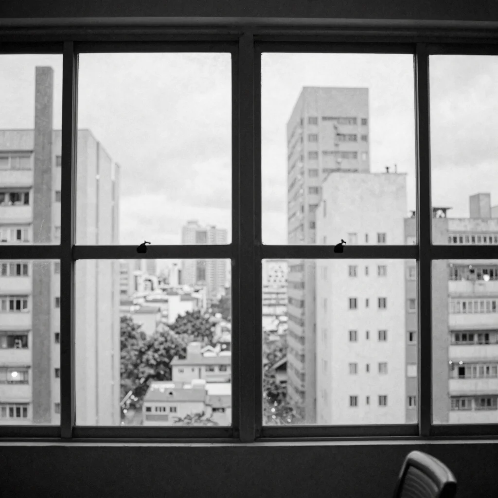 Fotografia editorial em preto e branco de ambiente de escritório