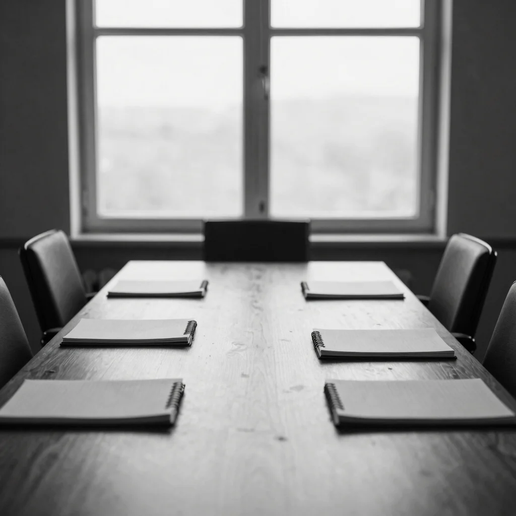 Fotografia editorial em preto e branco de mesa de reunião com cad